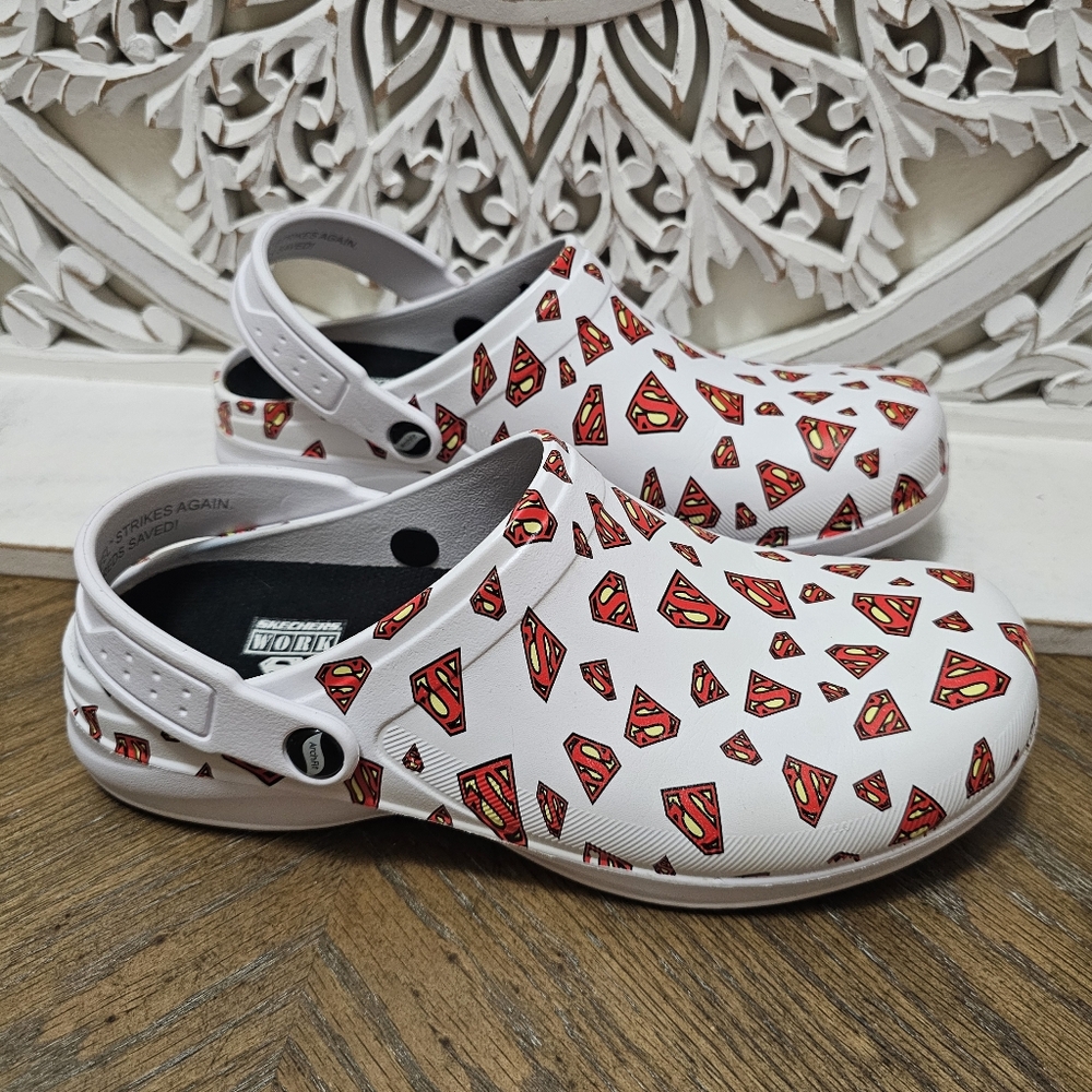 Sketchers work White and Red Superman Clogs (crocs)